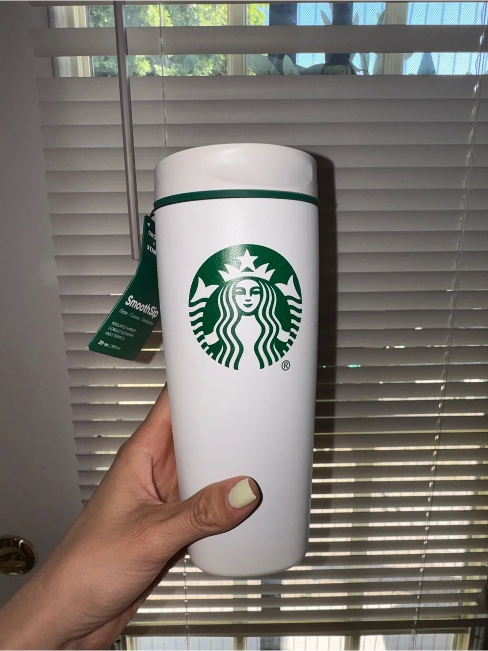 Owala+Starbucks White Tumbler with Green Siren Logo and Green Trim